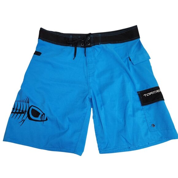 Tormentor Mens 40 Blue Board Shorts Fish Skeleton Graphic Adjustable Waist 3763 - Picture 1 of 11